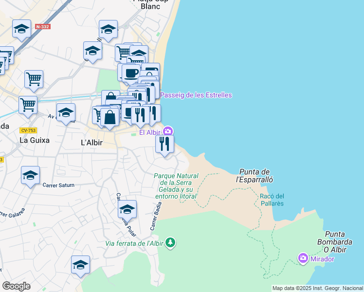 map of restaurants, bars, coffee shops, grocery stores, and more near 23 Camí Vell del Far in l'Alfàs del Pi