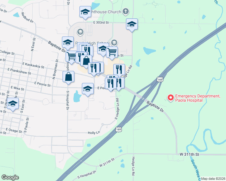 map of restaurants, bars, coffee shops, grocery stores, and more near 1610 East Peoria Street in Paola