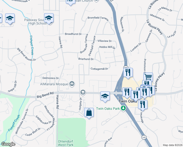 map of restaurants, bars, coffee shops, grocery stores, and more near 1015 Parkfield Terrace in Ballwin