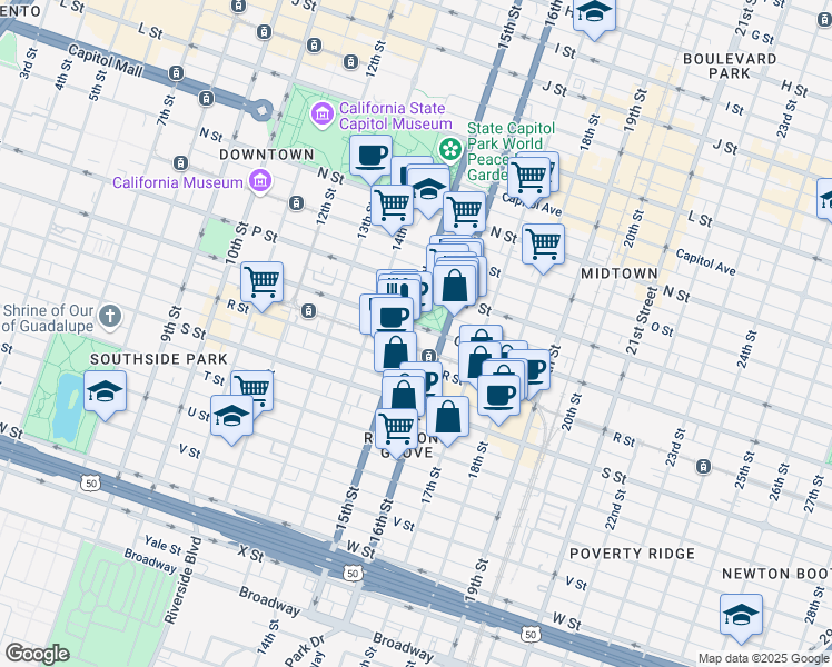 map of restaurants, bars, coffee shops, grocery stores, and more near 1515 Q Street in Sacramento