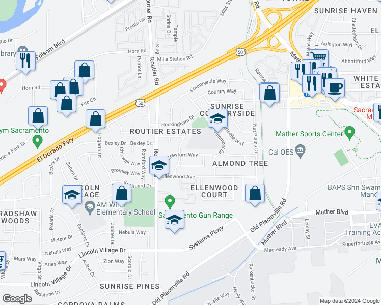 map of restaurants, bars, coffee shops, grocery stores, and more near 10169 Crawford Way in Sacramento