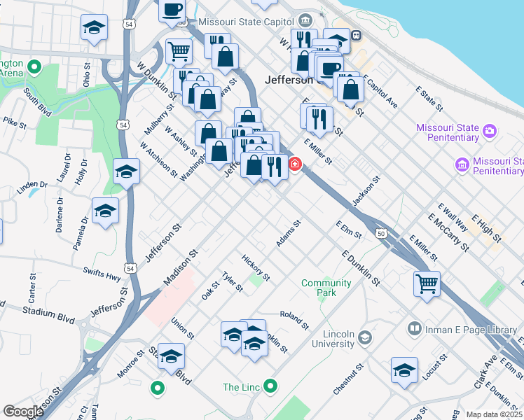 map of restaurants, bars, coffee shops, grocery stores, and more near 201 East Ashley Street in Jefferson City