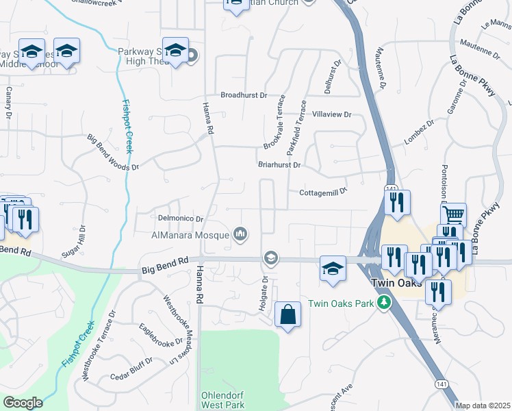 map of restaurants, bars, coffee shops, grocery stores, and more near 1108 Holgate Drive in Ballwin