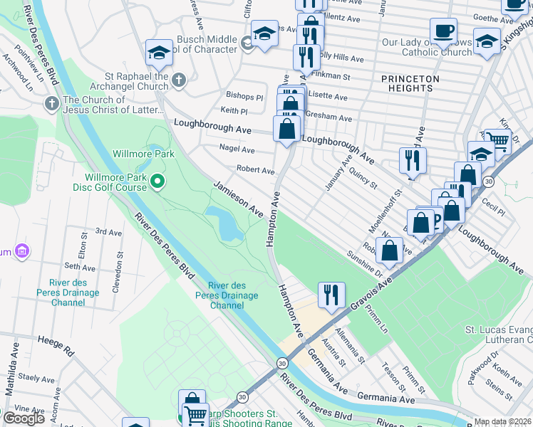 map of restaurants, bars, coffee shops, grocery stores, and more near 5821 Sunshine Drive in St. Louis