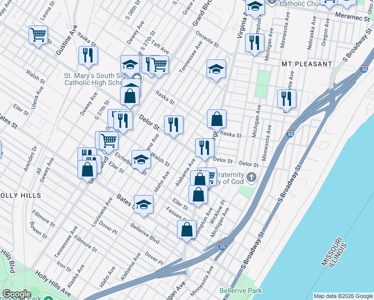 map of restaurants, bars, coffee shops, grocery stores, and more near 4750 Idaho Avenue in St. Louis