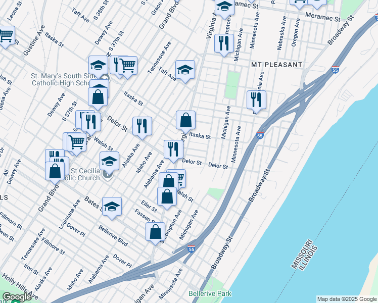 map of restaurants, bars, coffee shops, grocery stores, and more near 3240 Liberty Street in St. Louis