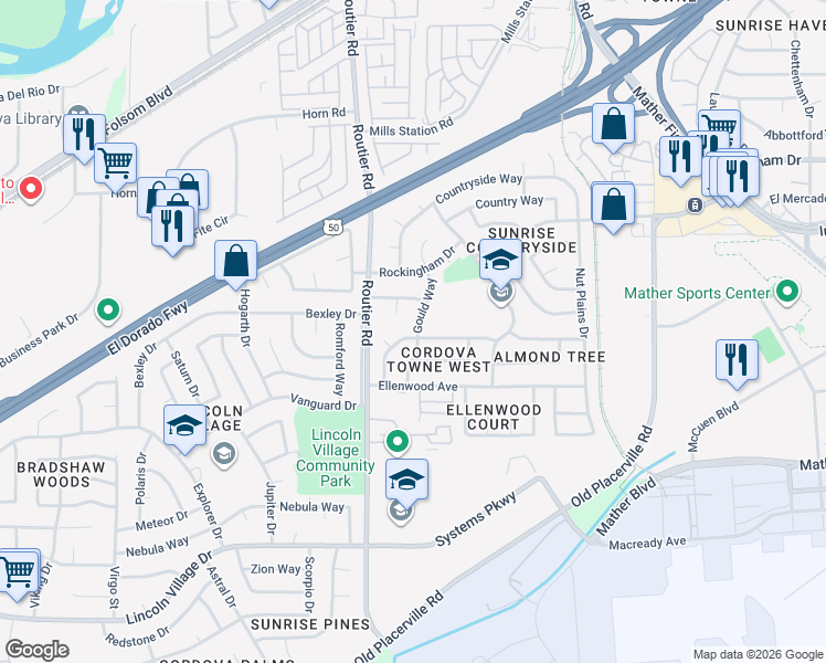 map of restaurants, bars, coffee shops, grocery stores, and more near 3337 Gould Way in Sacramento