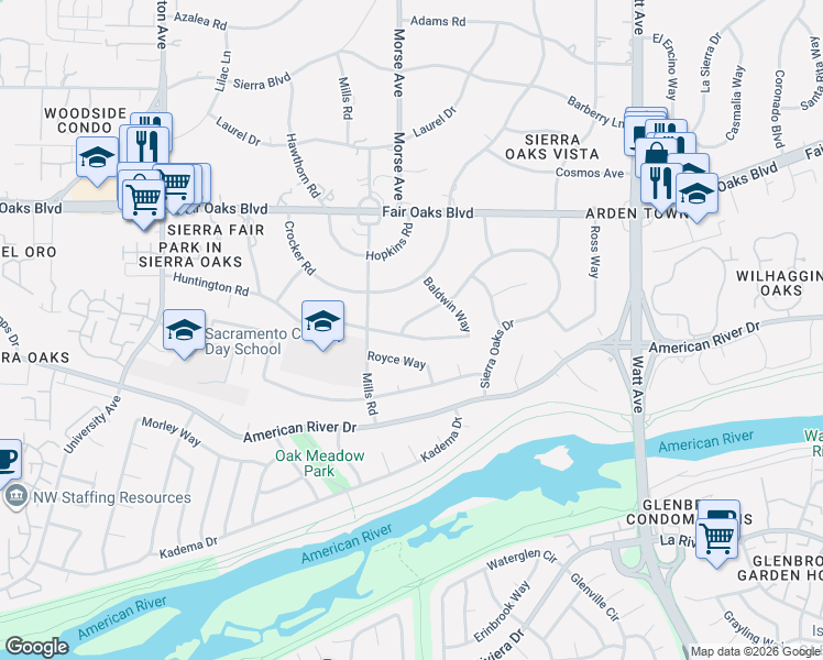 map of restaurants, bars, coffee shops, grocery stores, and more near 3105 Sierra Oaks Drive in Sacramento