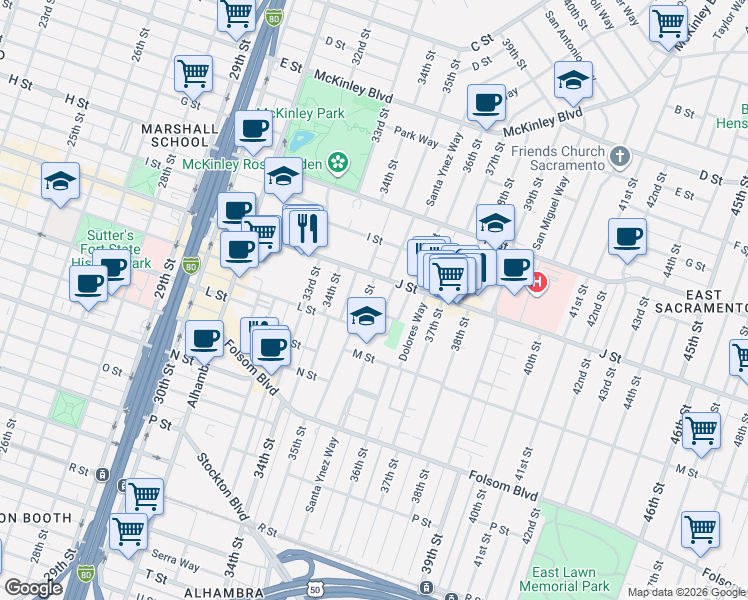 map of restaurants, bars, coffee shops, grocery stores, and more near 3504 J Street in Sacramento