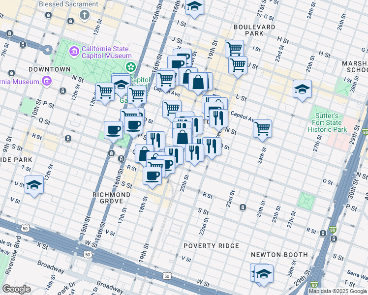 map of restaurants, bars, coffee shops, grocery stores, and more near 1519 19th Street in Sacramento