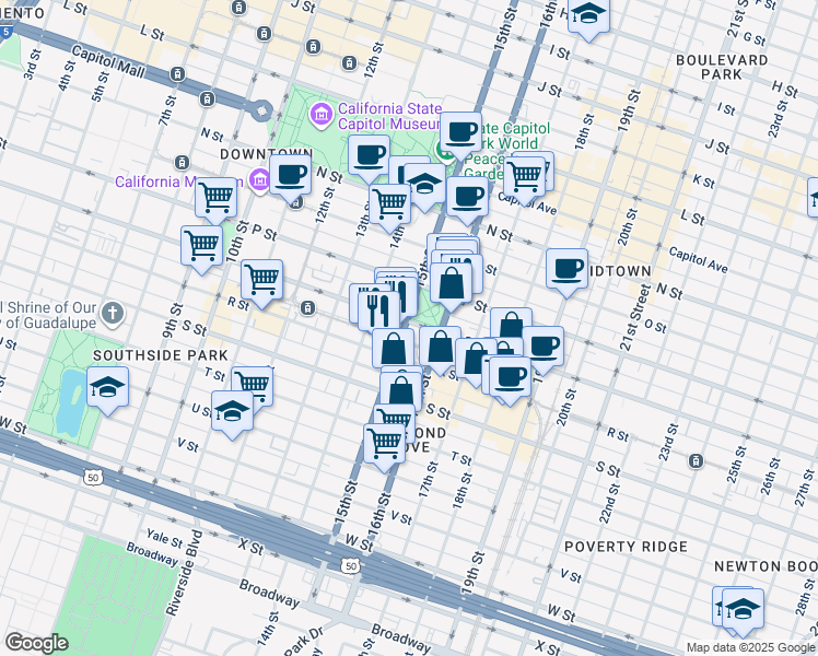 map of restaurants, bars, coffee shops, grocery stores, and more near 1515 Q Street in Sacramento