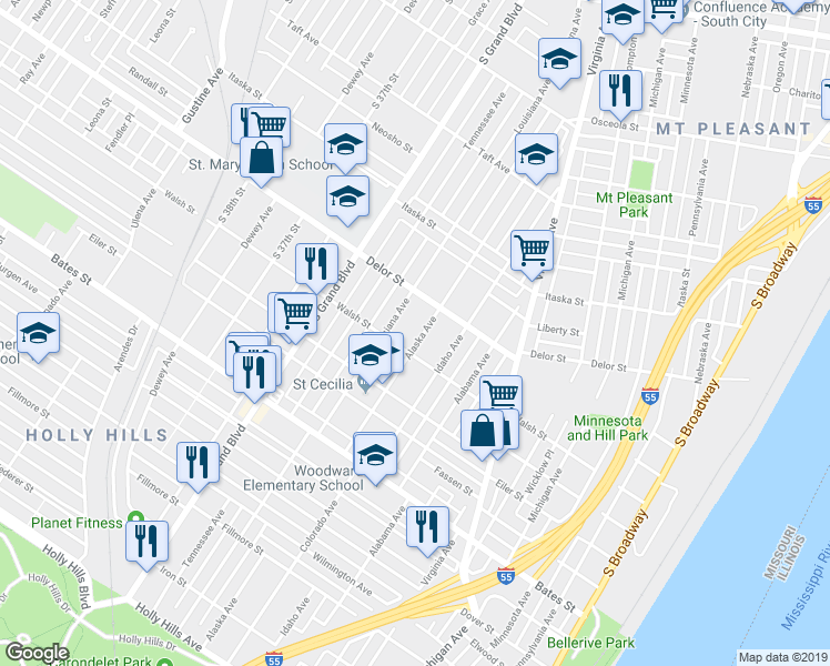 map of restaurants, bars, coffee shops, grocery stores, and more near 5032 Louisiana Avenue in St. Louis