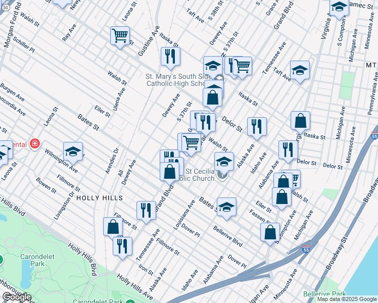 map of restaurants, bars, coffee shops, grocery stores, and more near 5240 Grace Avenue in St. Louis