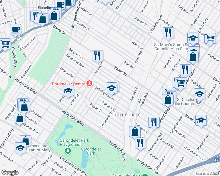 map of restaurants, bars, coffee shops, grocery stores, and more near 3972 Dover Place in St. Louis