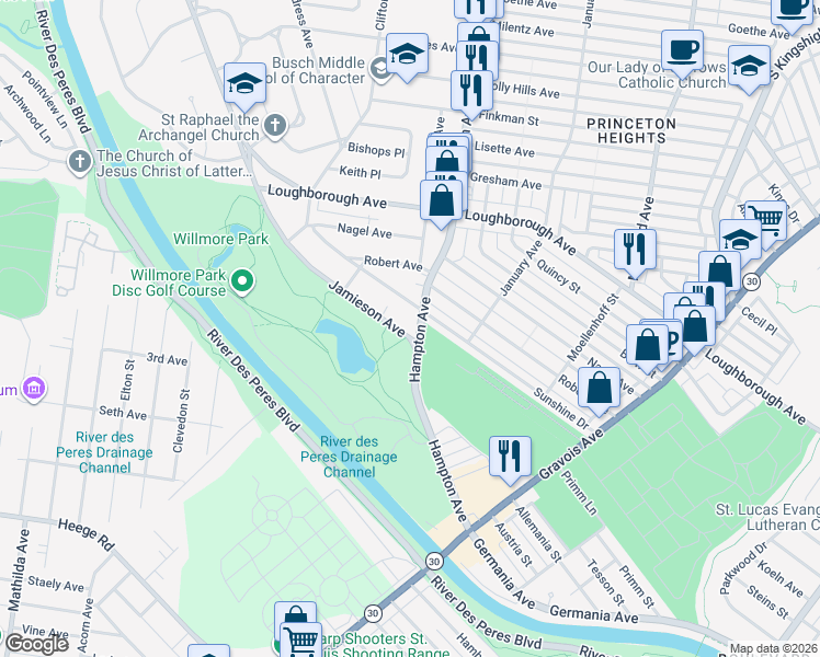 map of restaurants, bars, coffee shops, grocery stores, and more near 5821 Sunshine Drive in St. Louis