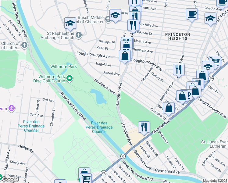 map of restaurants, bars, coffee shops, grocery stores, and more near 5821 Sunshine Drive in St. Louis