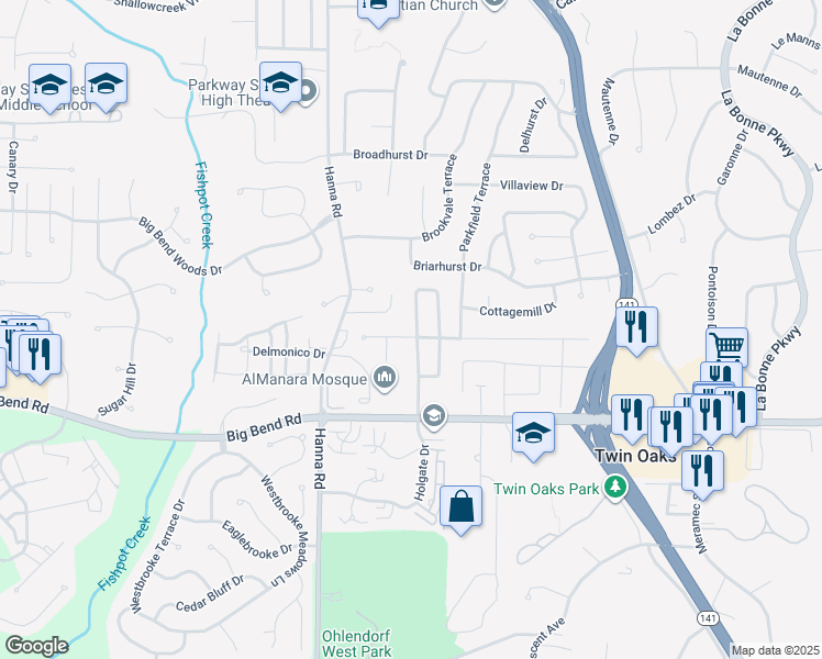 map of restaurants, bars, coffee shops, grocery stores, and more near 1108 Holgate Drive in Ballwin