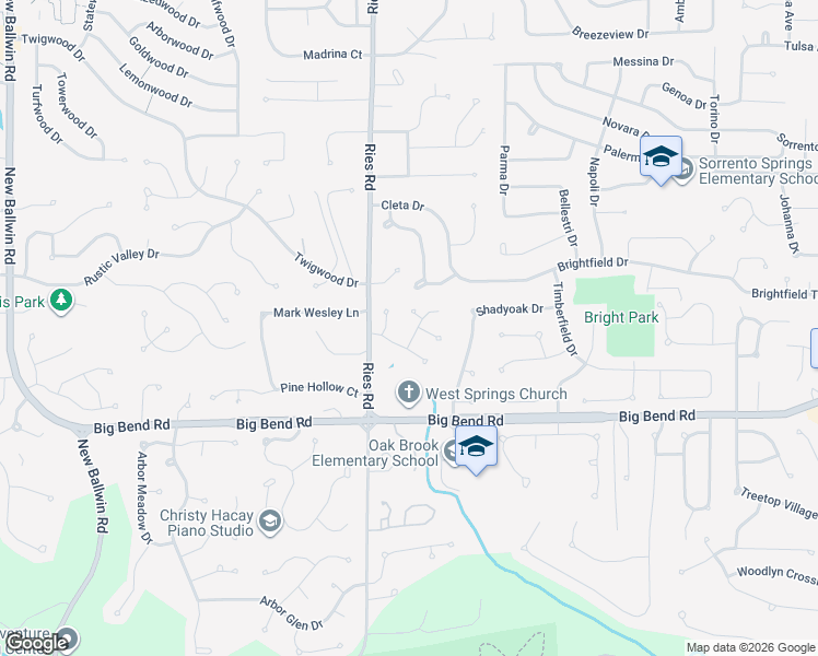 map of restaurants, bars, coffee shops, grocery stores, and more near 1017 Hollybend Drive in Ballwin