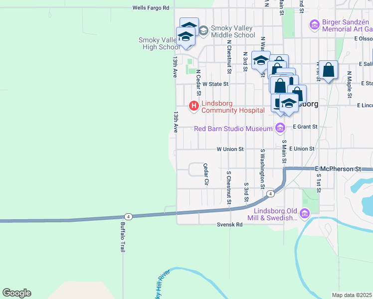 map of restaurants, bars, coffee shops, grocery stores, and more near 209 South Cherry Street in Lindsborg