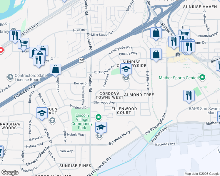 map of restaurants, bars, coffee shops, grocery stores, and more near 10167 Crawford Way in Sacramento