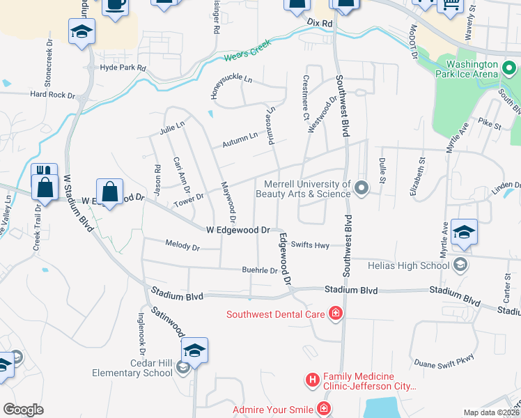 map of restaurants, bars, coffee shops, grocery stores, and more near 1025 Dogwood Drive in Jefferson City
