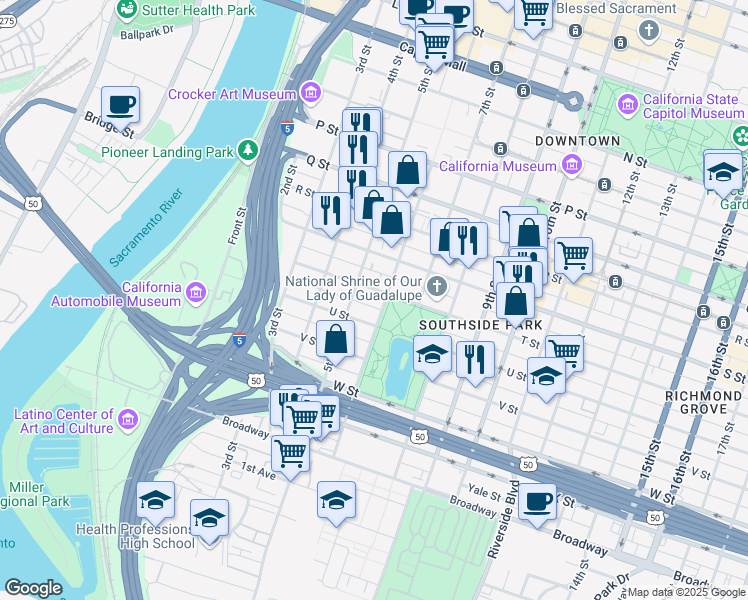 map of restaurants, bars, coffee shops, grocery stores, and more near 520 T St in Sacramento