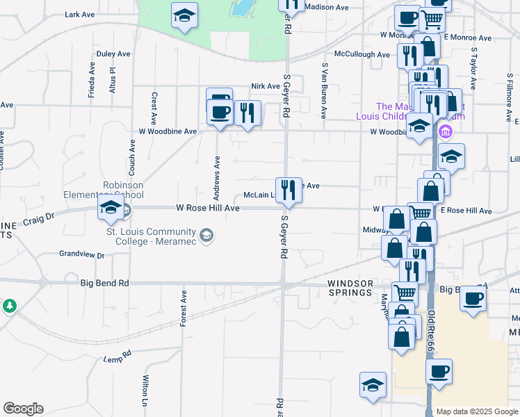 map of restaurants, bars, coffee shops, grocery stores, and more near 564 West Rose Hill Avenue in Kirkwood