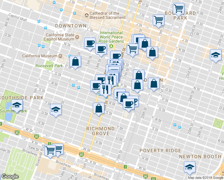 map of restaurants, bars, coffee shops, grocery stores, and more near 1627 16th Street in Sacramento