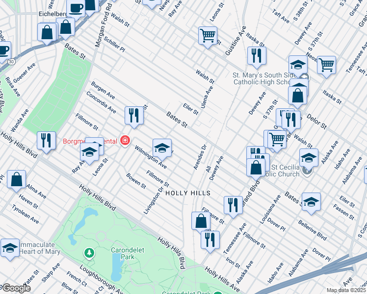 map of restaurants, bars, coffee shops, grocery stores, and more near 3844 Burgen Avenue in St. Louis