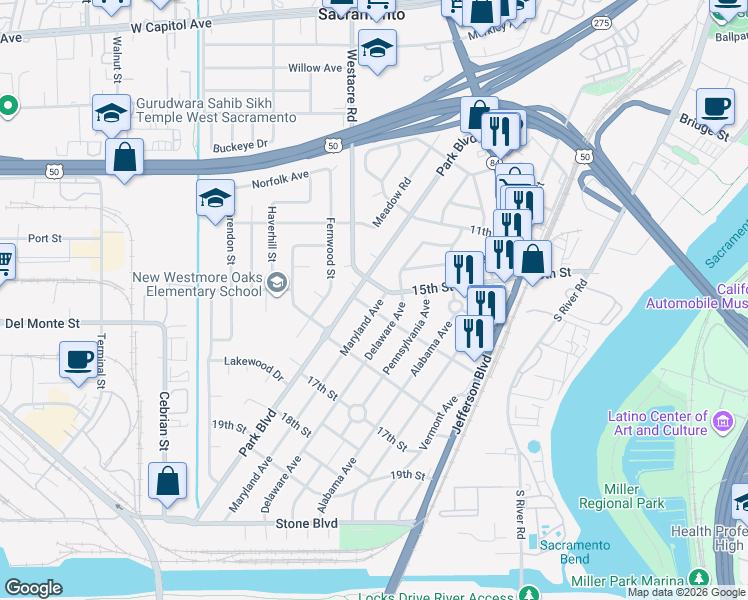 map of restaurants, bars, coffee shops, grocery stores, and more near 1501 Park Boulevard in West Sacramento