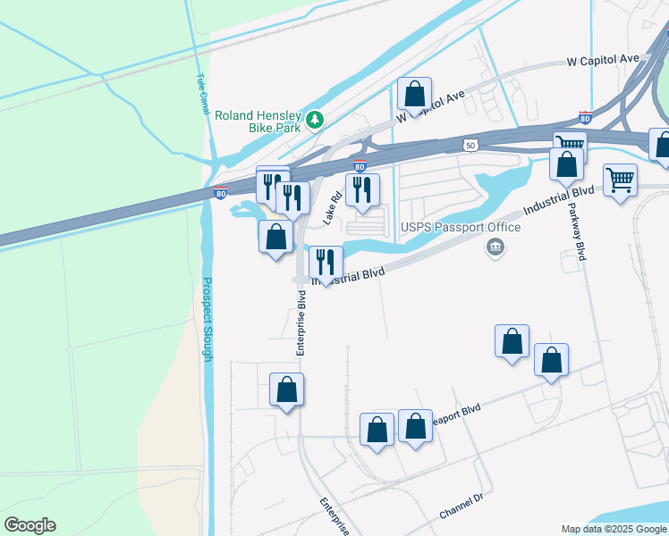 map of restaurants, bars, coffee shops, grocery stores, and more near 3950 Industrial Boulevard in West Sacramento
