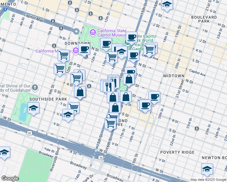 map of restaurants, bars, coffee shops, grocery stores, and more near 1430 Q Street in Sacramento