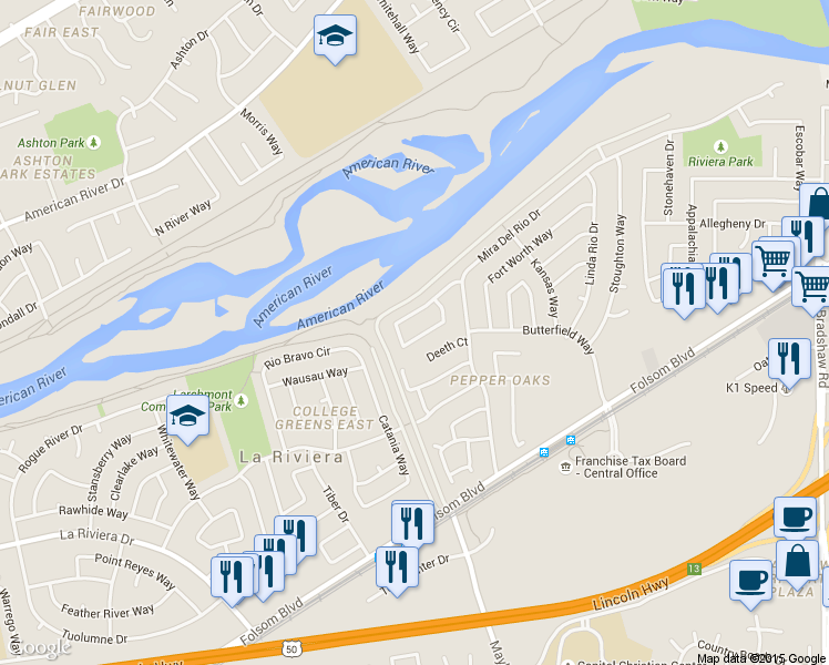 map of restaurants, bars, coffee shops, grocery stores, and more near 9266 Defiance Circle in Sacramento