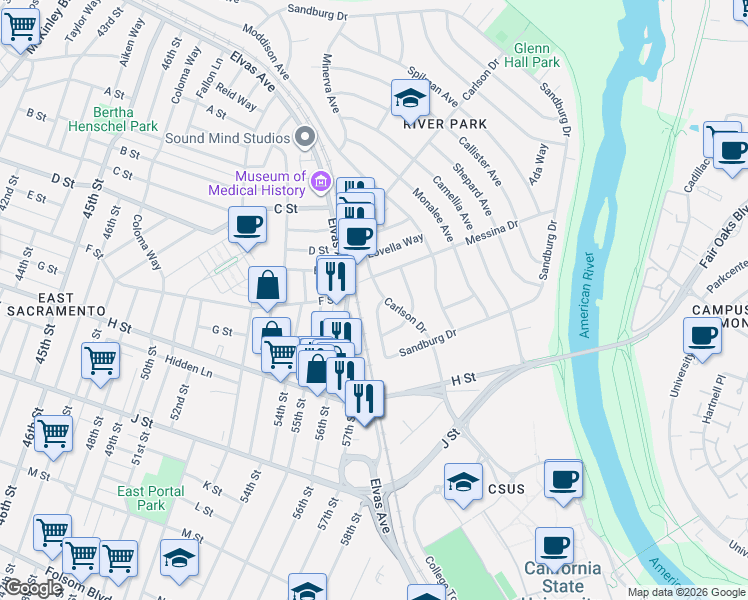 map of restaurants, bars, coffee shops, grocery stores, and more near 5502 Carlson Drive in Sacramento