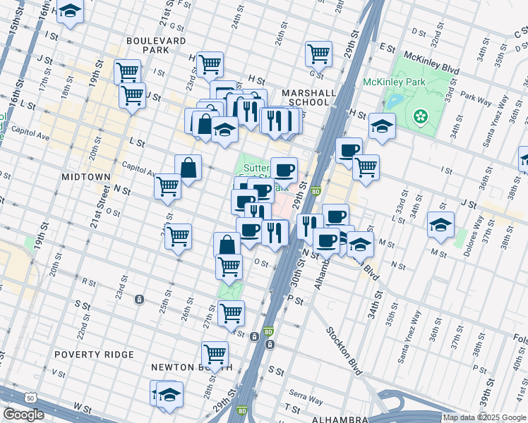 map of restaurants, bars, coffee shops, grocery stores, and more near 2711 Capitol Avenue in Sacramento