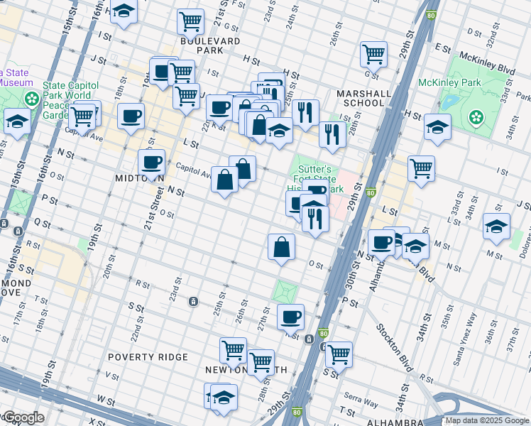 map of restaurants, bars, coffee shops, grocery stores, and more near 2507 Matsui Alley in Sacramento