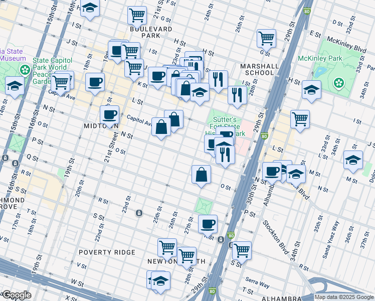 map of restaurants, bars, coffee shops, grocery stores, and more near 2507 Matsui Alley in Sacramento
