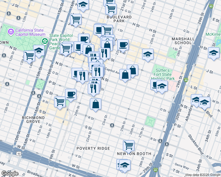 map of restaurants, bars, coffee shops, grocery stores, and more near 2204 N Street in Sacramento