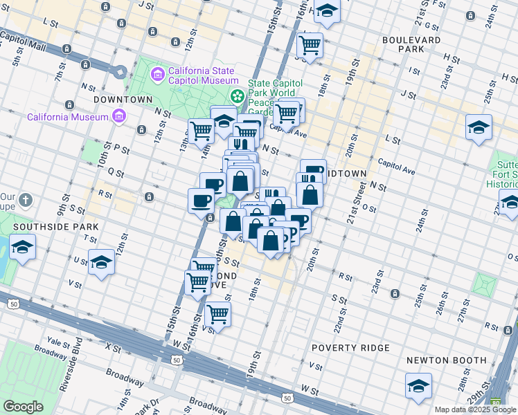 map of restaurants, bars, coffee shops, grocery stores, and more near 1705 P Street in Sacramento