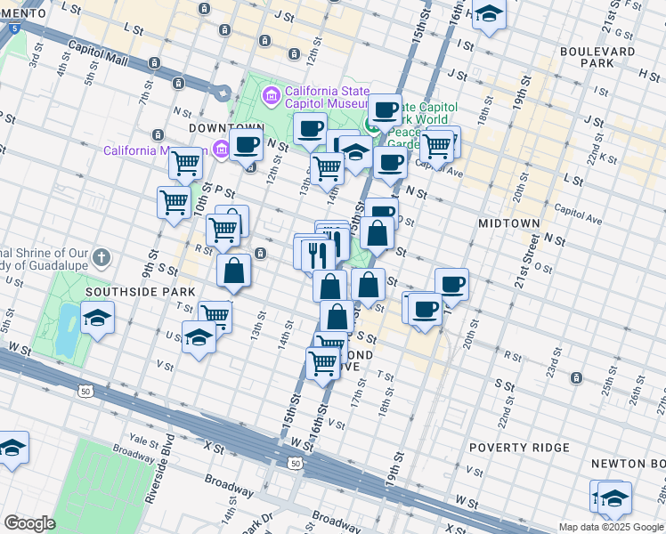 map of restaurants, bars, coffee shops, grocery stores, and more near 1701 14th Street in Sacramento