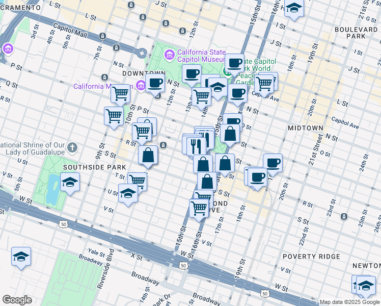map of restaurants, bars, coffee shops, grocery stores, and more near 1701 14th Street in Sacramento