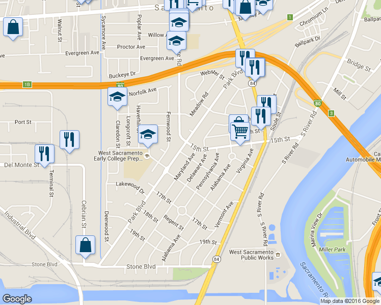 map of restaurants, bars, coffee shops, grocery stores, and more near 1501 Park Boulevard in West Sacramento