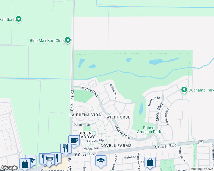 map of restaurants, bars, coffee shops, grocery stores, and more near 2975 Audubon Circle in Davis