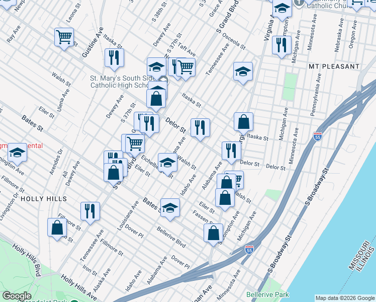 map of restaurants, bars, coffee shops, grocery stores, and more near 5032 Louisiana Avenue in St. Louis