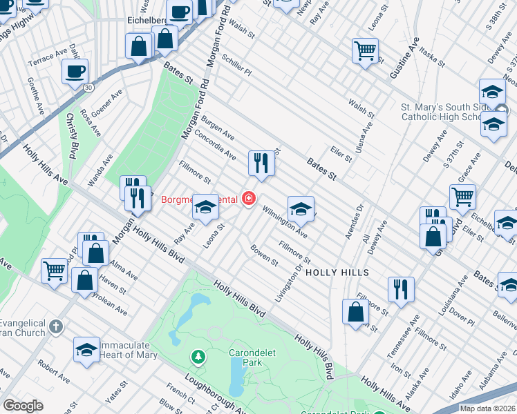 map of restaurants, bars, coffee shops, grocery stores, and more near 4011 Wilmington Avenue in St. Louis