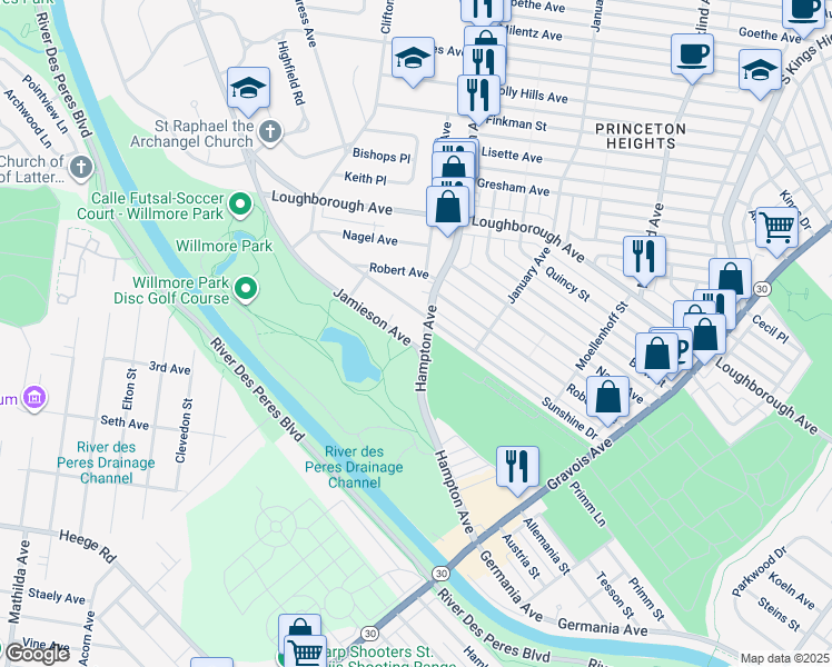 map of restaurants, bars, coffee shops, grocery stores, and more near 5821 Sunshine Drive in St. Louis