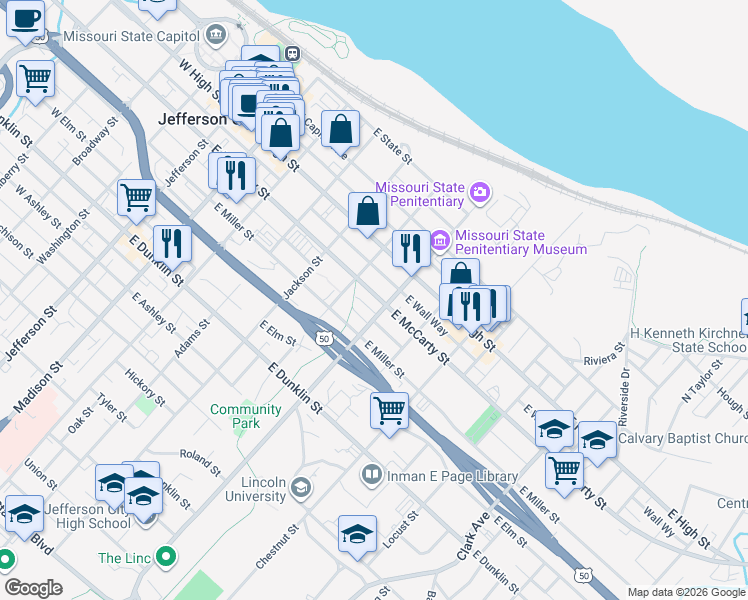 map of restaurants, bars, coffee shops, grocery stores, and more near 619 East McCarty Street in Jefferson City