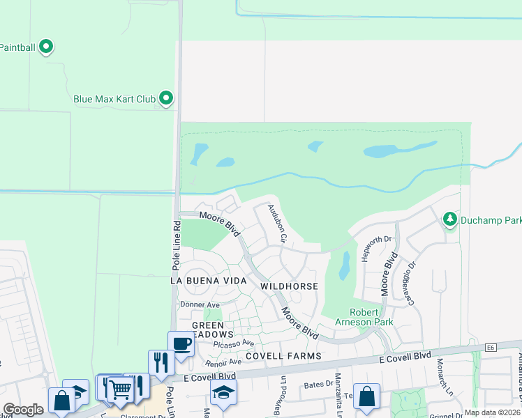 map of restaurants, bars, coffee shops, grocery stores, and more near 2975 Audubon Circle in Davis