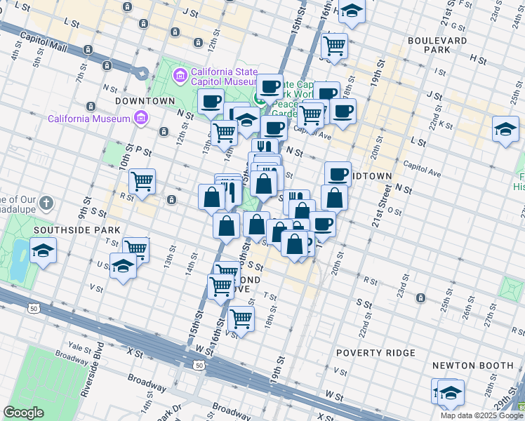 map of restaurants, bars, coffee shops, grocery stores, and more near 1627 16th Street in Sacramento