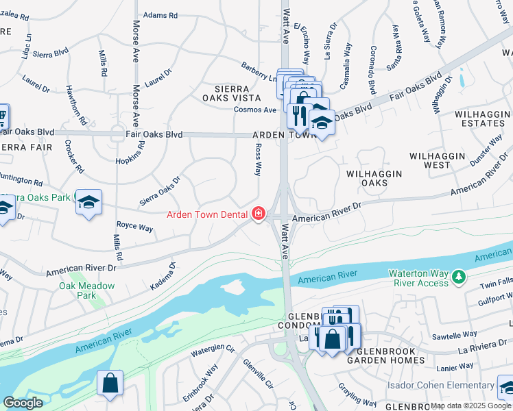 map of restaurants, bars, coffee shops, grocery stores, and more near 3435 American River Drive in Sacramento